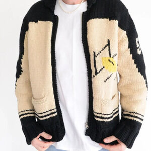 VTG 60’s Zip Knit Cardigan Football Cowichan 100% Wool Sweater Size M/L USA Made